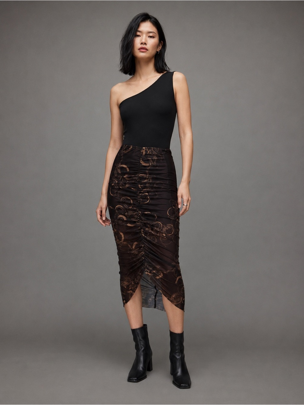 New All Saints Tessia Tempest Snake Print Ruched Mesh Body con Midi Skirts🐍 sz 4